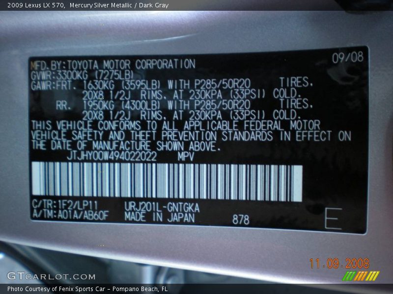 Mercury Silver Metallic / Dark Gray 2009 Lexus LX 570