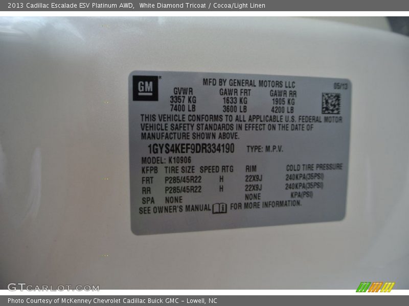 White Diamond Tricoat / Cocoa/Light Linen 2013 Cadillac Escalade ESV Platinum AWD