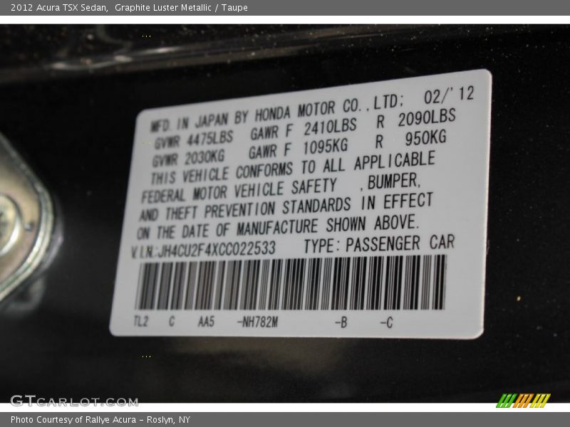 Graphite Luster Metallic / Taupe 2012 Acura TSX Sedan