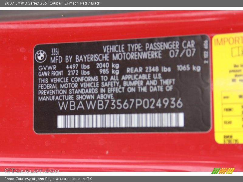 Crimson Red / Black 2007 BMW 3 Series 335i Coupe
