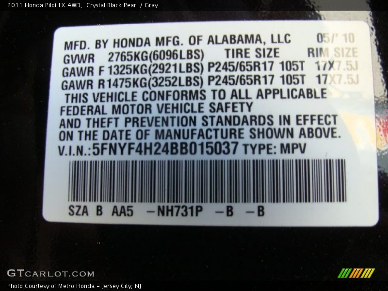 Crystal Black Pearl / Gray 2011 Honda Pilot LX 4WD