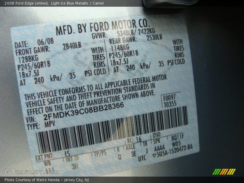 Light Ice Blue Metallic / Camel 2008 Ford Edge Limited