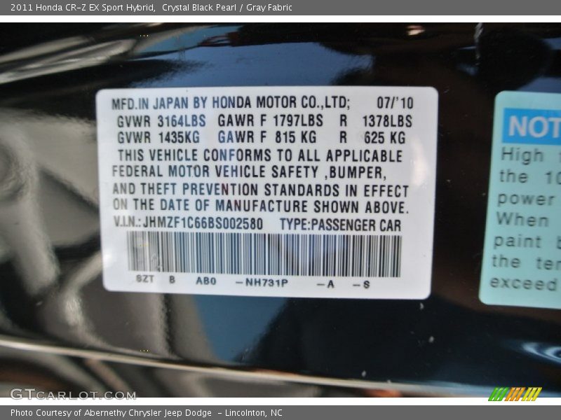 2011 CR-Z EX Sport Hybrid Crystal Black Pearl Color Code NH731P
