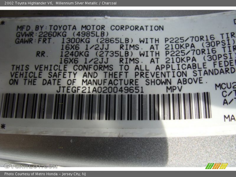 Millennium Silver Metallic / Charcoal 2002 Toyota Highlander V6