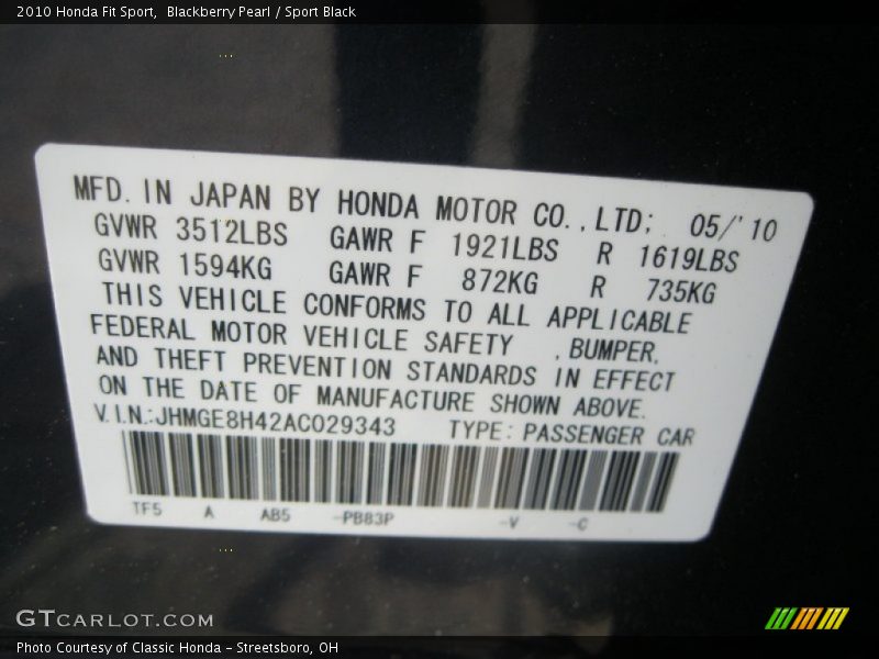 Blackberry Pearl / Sport Black 2010 Honda Fit Sport