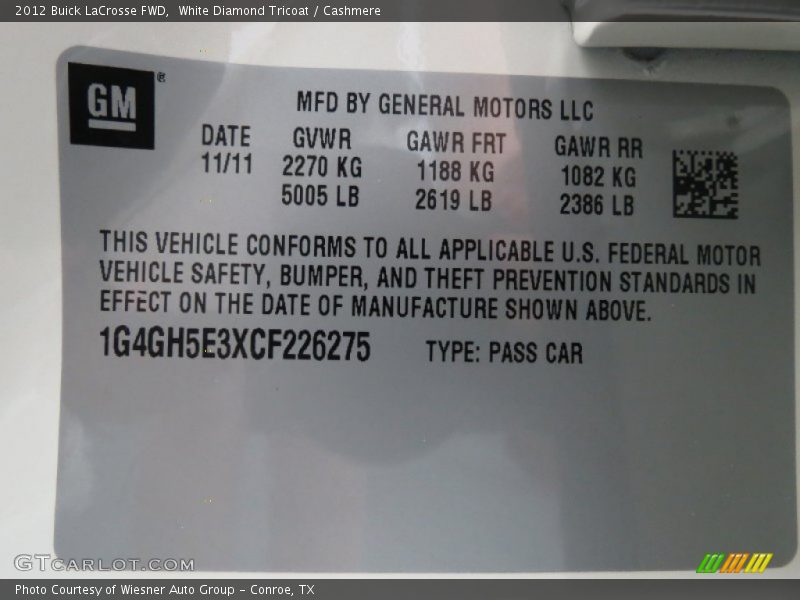 White Diamond Tricoat / Cashmere 2012 Buick LaCrosse FWD