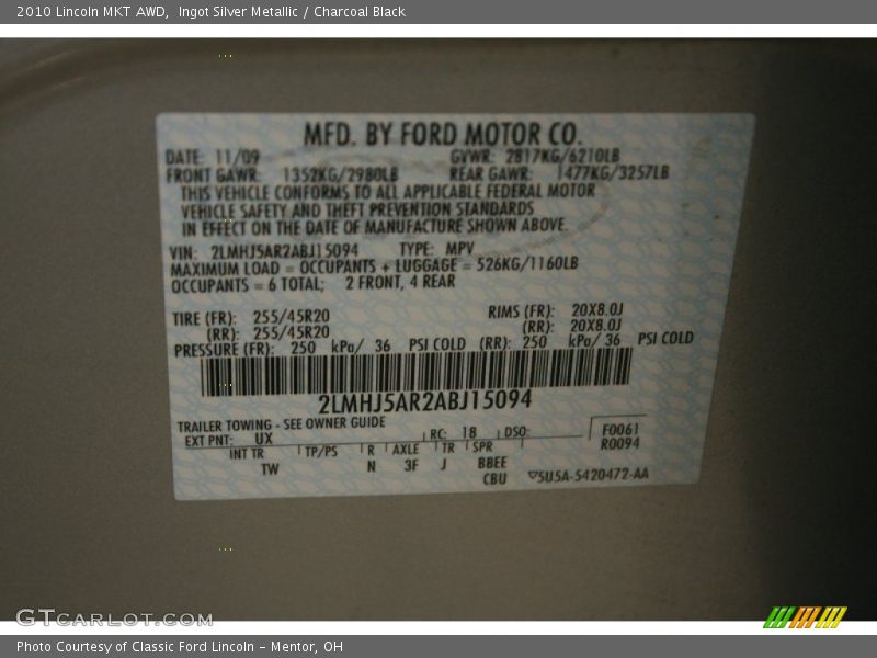 2010 MKT AWD Ingot Silver Metallic Color Code UX