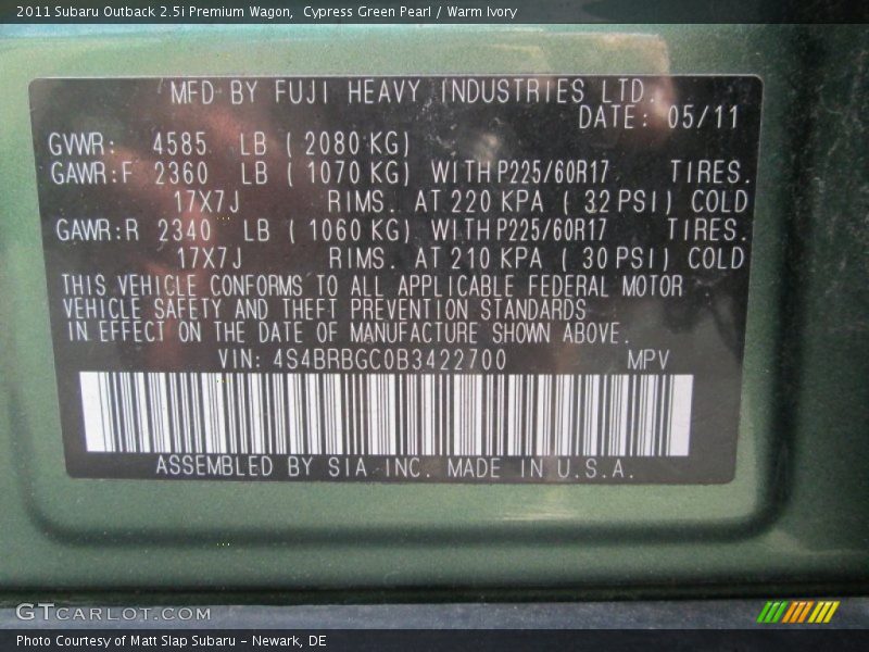 Cypress Green Pearl / Warm Ivory 2011 Subaru Outback 2.5i Premium Wagon