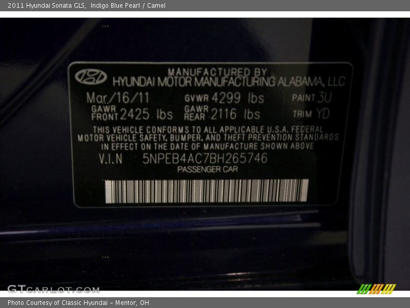 Indigo Blue Pearl / Camel 2011 Hyundai Sonata GLS