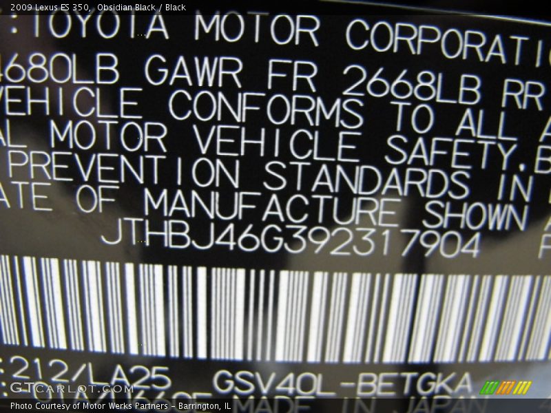 2009 ES 350 Obsidian Black Color Code 212