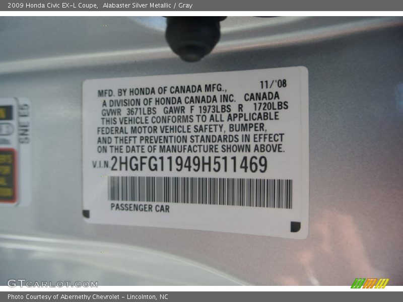 Alabaster Silver Metallic / Gray 2009 Honda Civic EX-L Coupe
