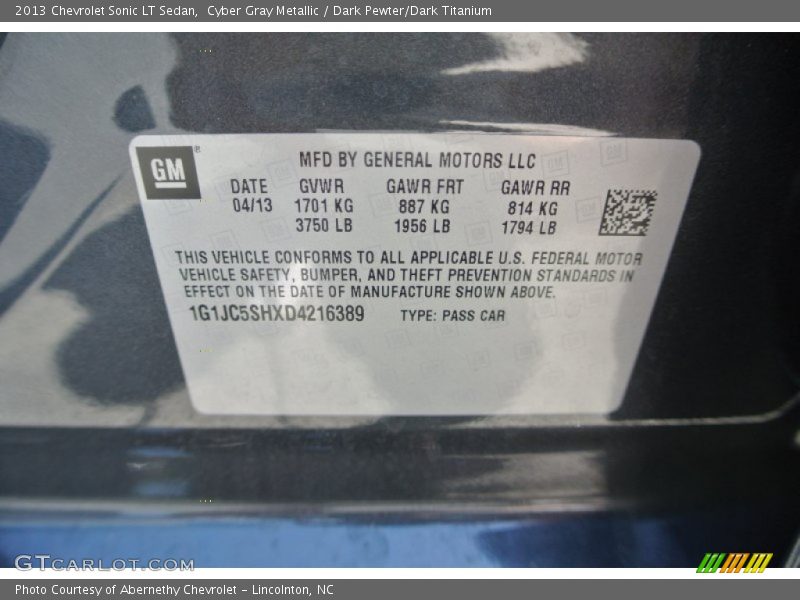 Cyber Gray Metallic / Dark Pewter/Dark Titanium 2013 Chevrolet Sonic LT Sedan