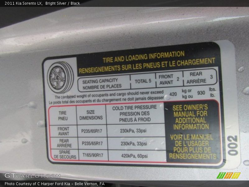 Bright Silver / Black 2011 Kia Sorento LX