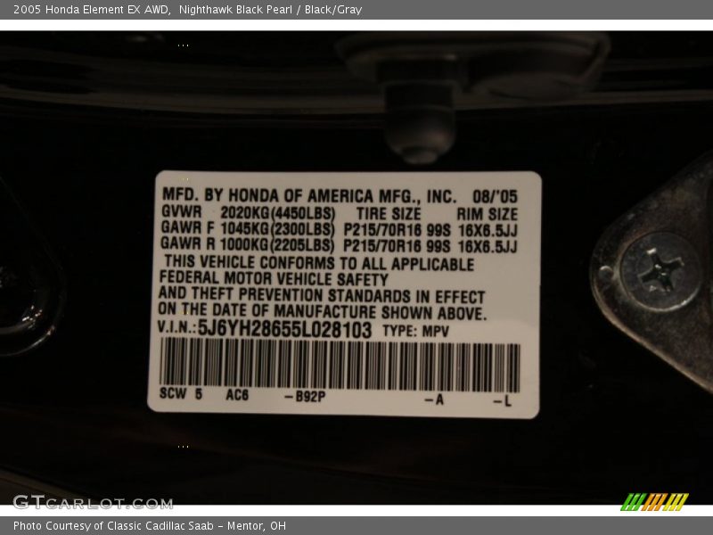 Nighthawk Black Pearl / Black/Gray 2005 Honda Element EX AWD