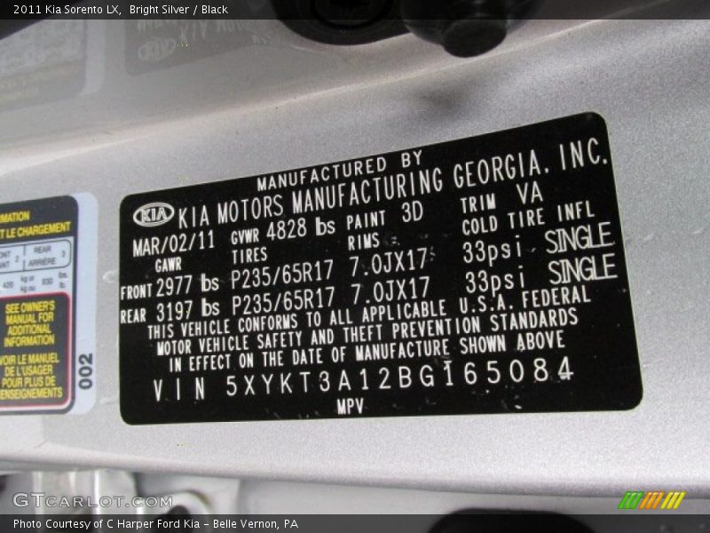 Bright Silver / Black 2011 Kia Sorento LX