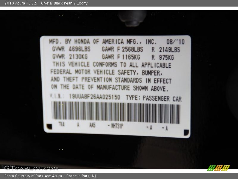 Crystal Black Pearl / Ebony 2010 Acura TL 3.5