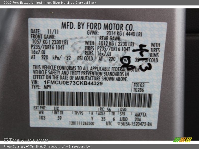Ingot Silver Metallic / Charcoal Black 2012 Ford Escape Limited