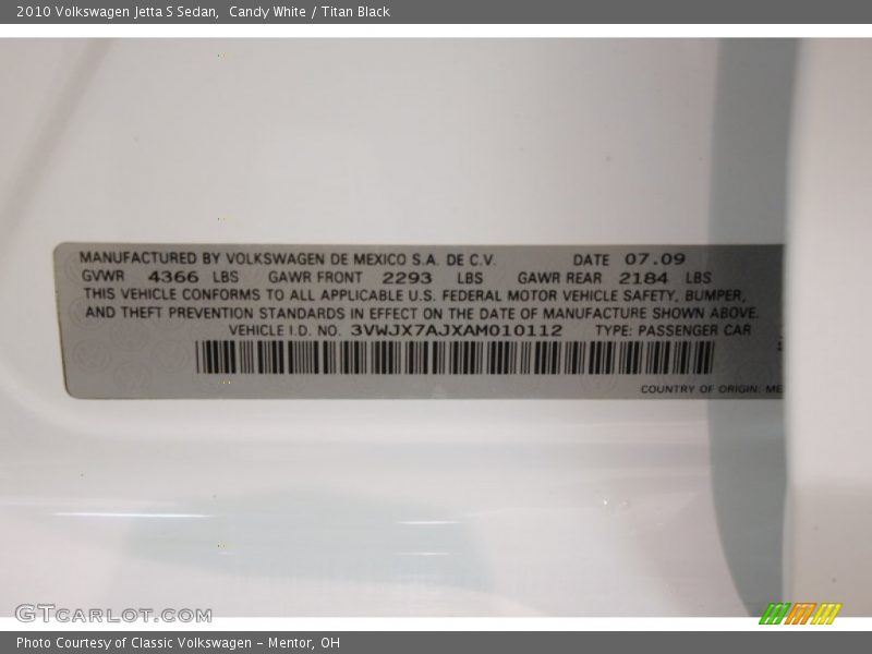 Candy White / Titan Black 2010 Volkswagen Jetta S Sedan