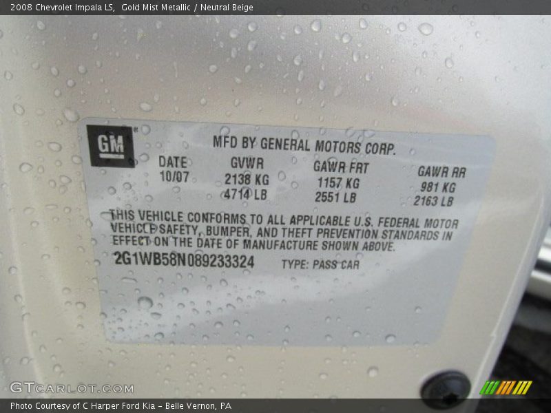 Gold Mist Metallic / Neutral Beige 2008 Chevrolet Impala LS