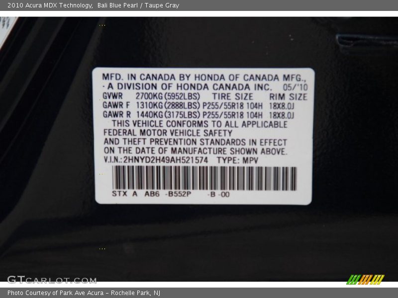 Bali Blue Pearl / Taupe Gray 2010 Acura MDX Technology