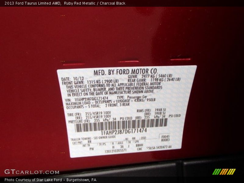 Ruby Red Metallic / Charcoal Black 2013 Ford Taurus Limited AWD