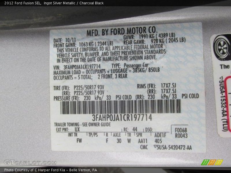 Ingot Silver Metallic / Charcoal Black 2012 Ford Fusion SEL