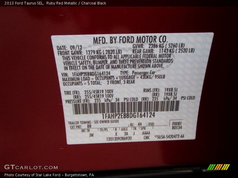 Ruby Red Metallic / Charcoal Black 2013 Ford Taurus SEL