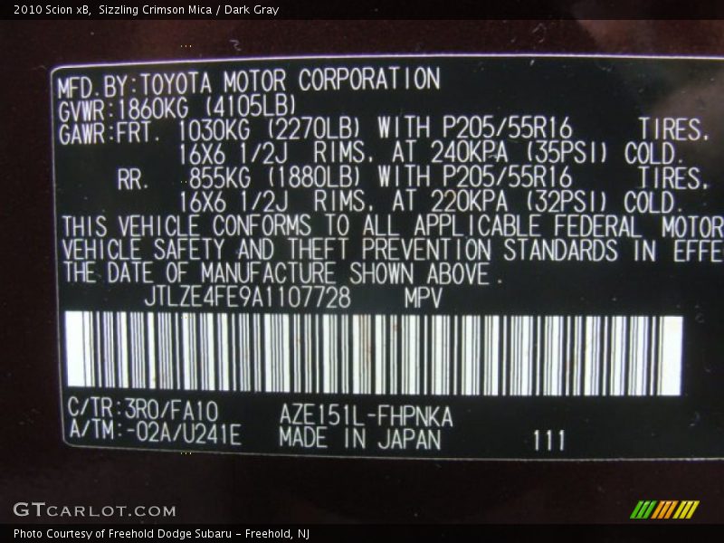 Sizzling Crimson Mica / Dark Gray 2010 Scion xB