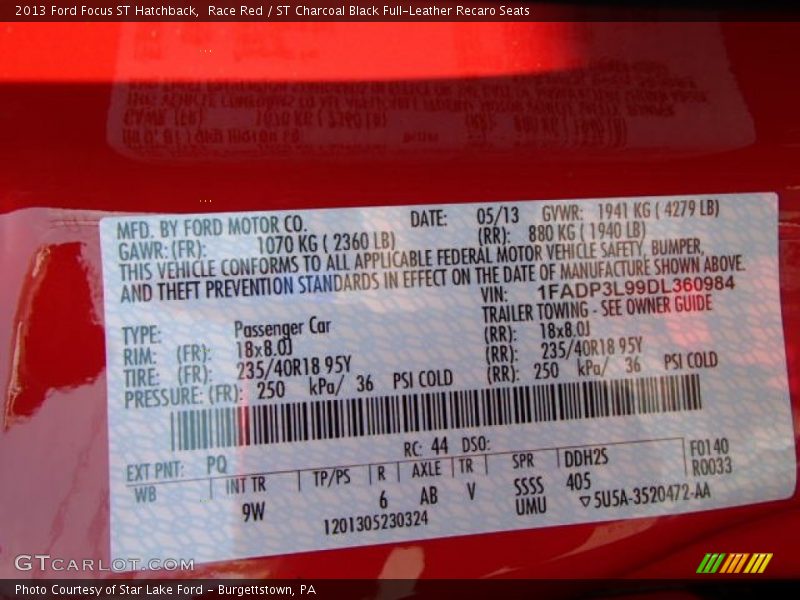 2013 Focus ST Hatchback Race Red Color Code PQ
