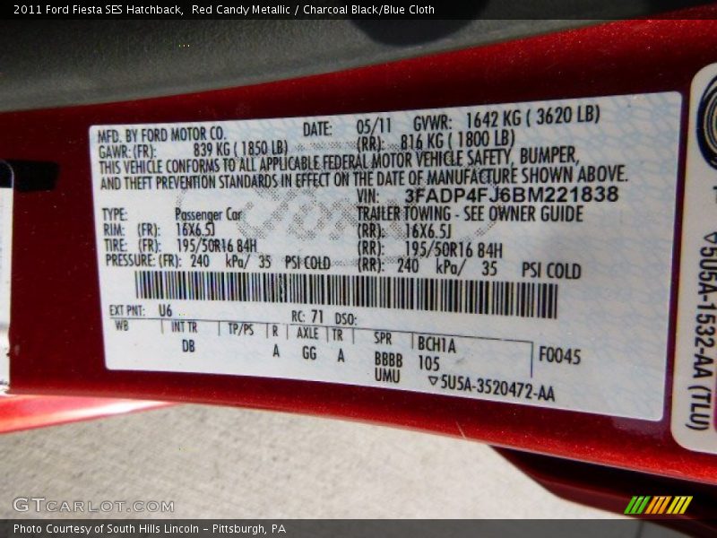 Red Candy Metallic / Charcoal Black/Blue Cloth 2011 Ford Fiesta SES Hatchback