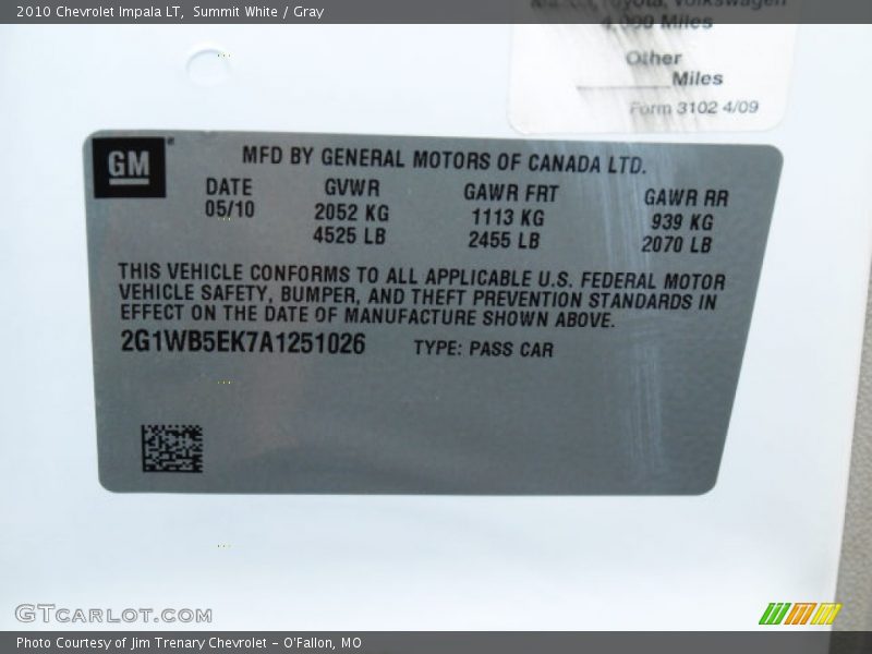 Summit White / Gray 2010 Chevrolet Impala LT