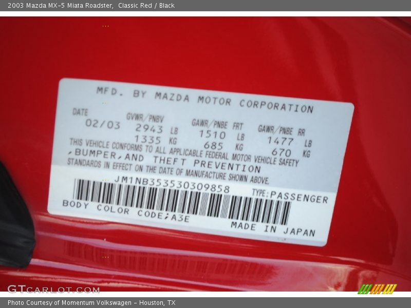 2003 MX-5 Miata Roadster Classic Red Color Code A3E