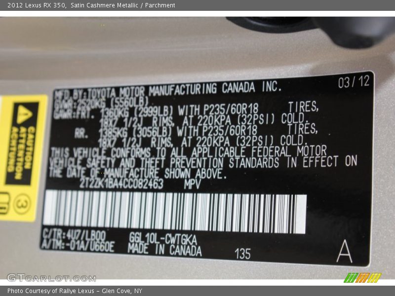 2012 RX 350 Satin Cashmere Metallic Color Code 4U7