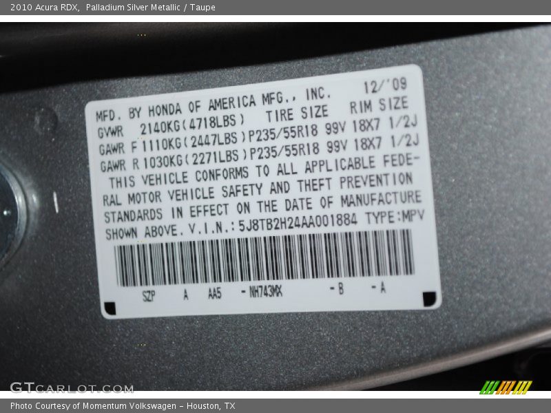 Palladium Silver Metallic / Taupe 2010 Acura RDX