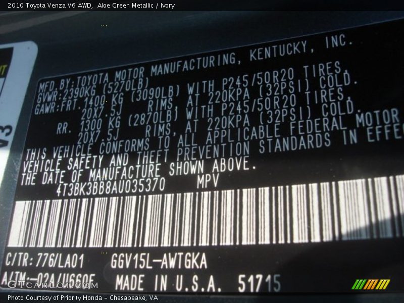 Aloe Green Metallic / Ivory 2010 Toyota Venza V6 AWD
