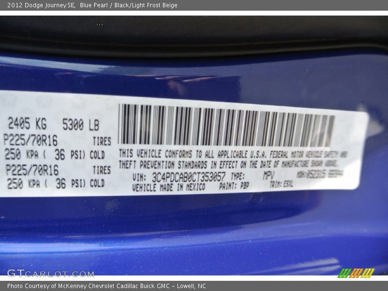 2012 Journey SE Blue Pearl Color Code PBP