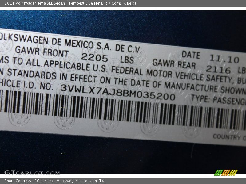 Tempest Blue Metallic / Cornsilk Beige 2011 Volkswagen Jetta SEL Sedan
