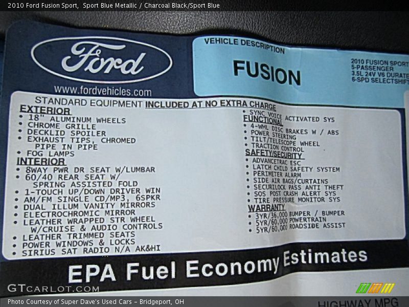  2010 Fusion Sport Window Sticker