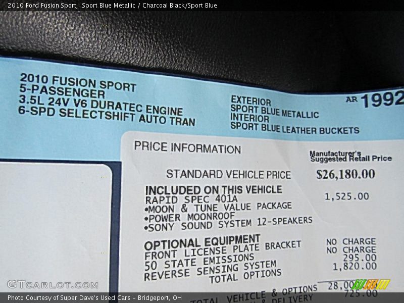  2010 Fusion Sport Window Sticker