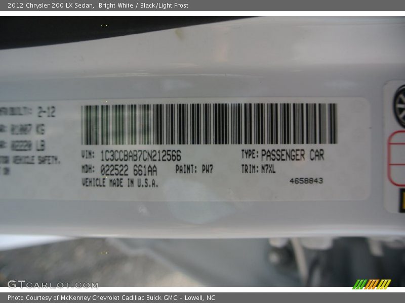 Bright White / Black/Light Frost 2012 Chrysler 200 LX Sedan