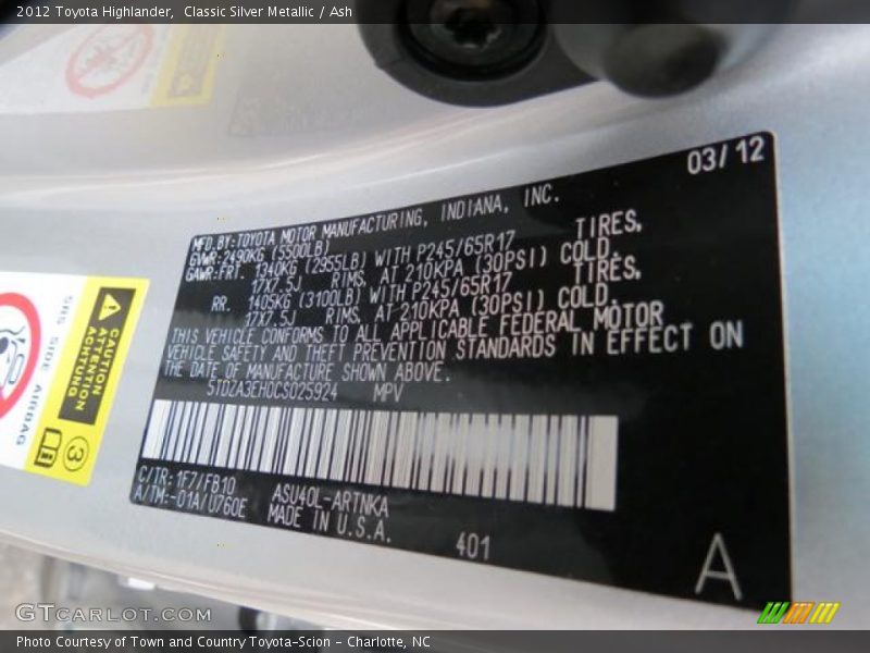 2012 Highlander  Classic Silver Metallic Color Code 1F7