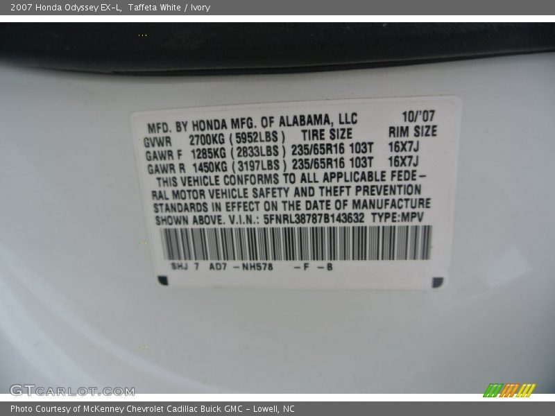 Taffeta White / Ivory 2007 Honda Odyssey EX-L