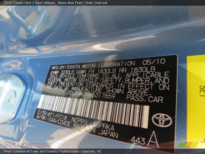 2010 Yaris 3 Door Liftback Bayou Blue Pearl Color Code 8T1