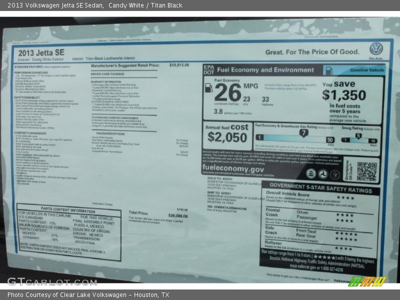  2013 Jetta SE Sedan Window Sticker