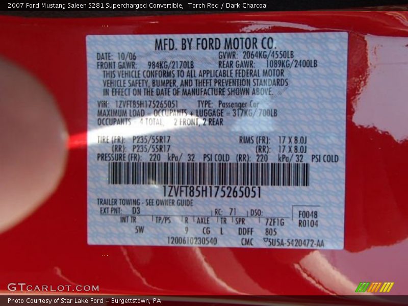 2007 Mustang Saleen S281 Supercharged Convertible Torch Red Color Code D3