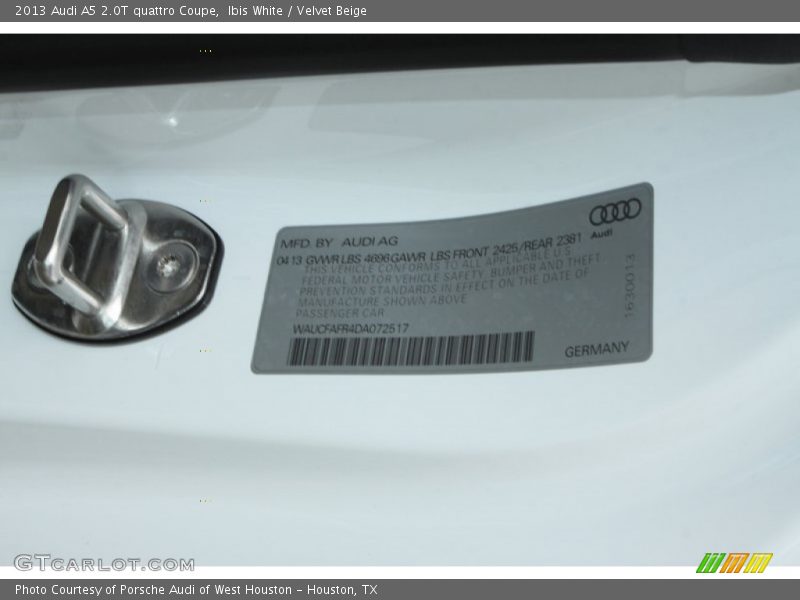 Info Tag of 2013 A5 2.0T quattro Coupe