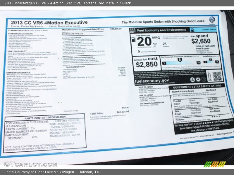  2013 CC VR6 4Motion Executive Window Sticker