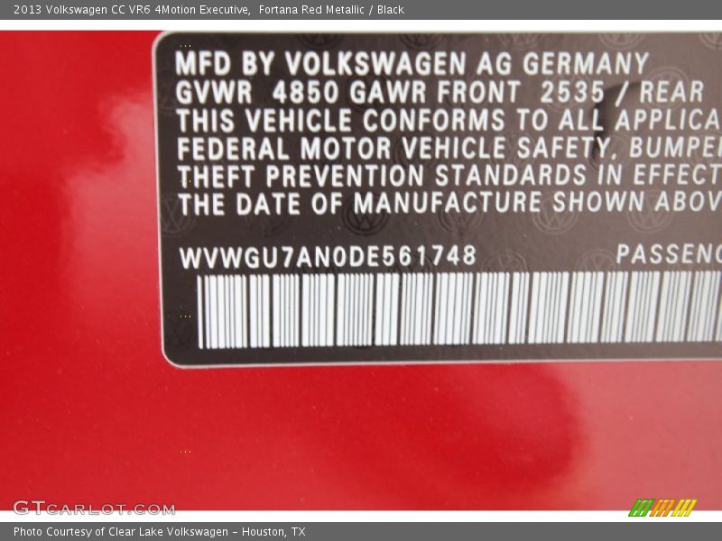 Fortana Red Metallic / Black 2013 Volkswagen CC VR6 4Motion Executive