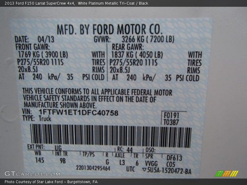 White Platinum Metallic Tri-Coat / Black 2013 Ford F150 Lariat SuperCrew 4x4