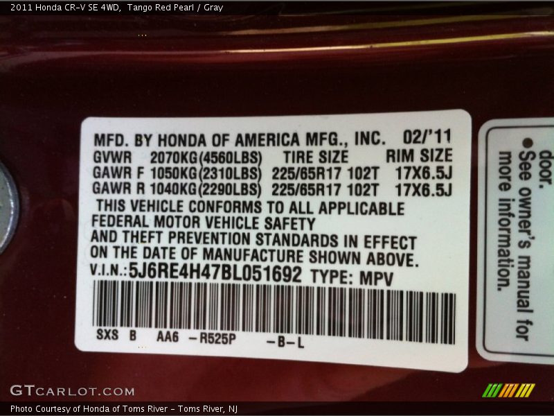 Tango Red Pearl / Gray 2011 Honda CR-V SE 4WD